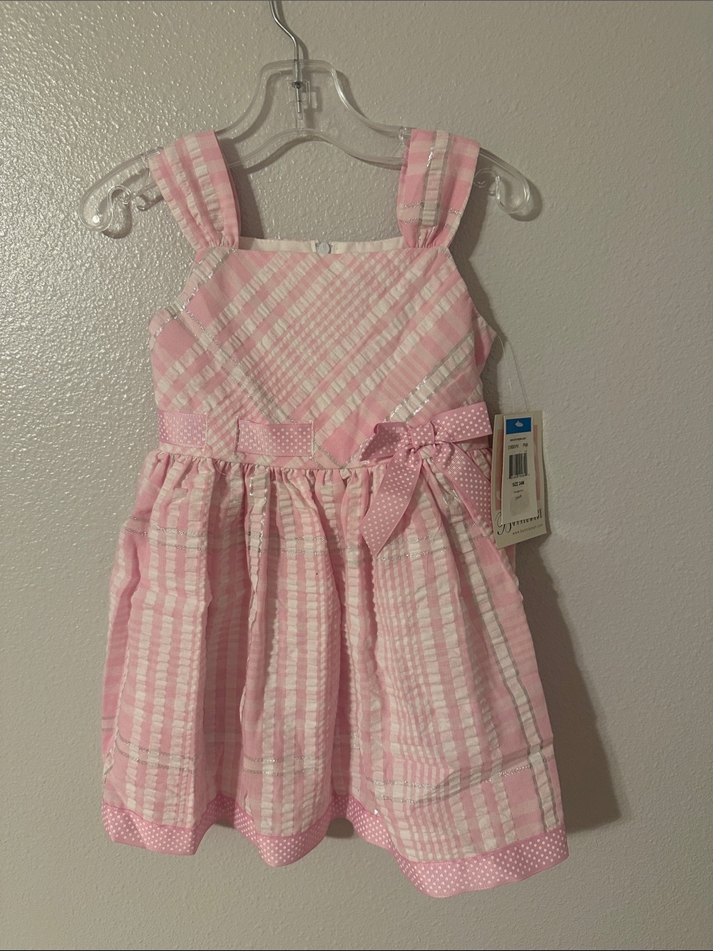 NWT. Bonnie Baby Pink Seersucker Dress with Polka Dot Bow